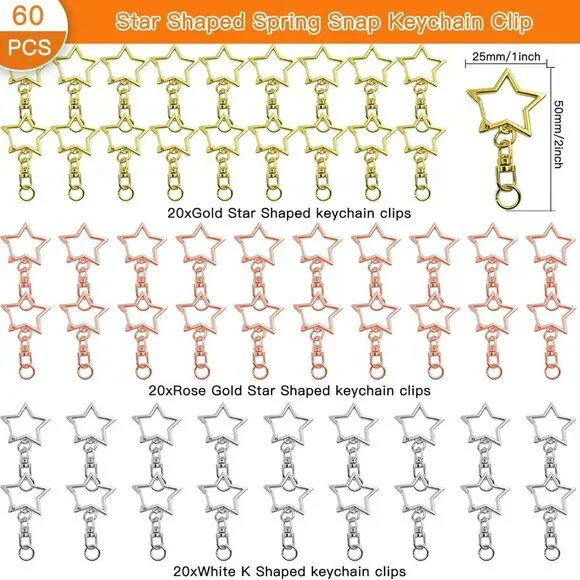 60Pcs Star Shaped Spring Snap Keychain Clip,3 Colors Metal Swivel Clasp Snap Hoo - Picture 3 of 7